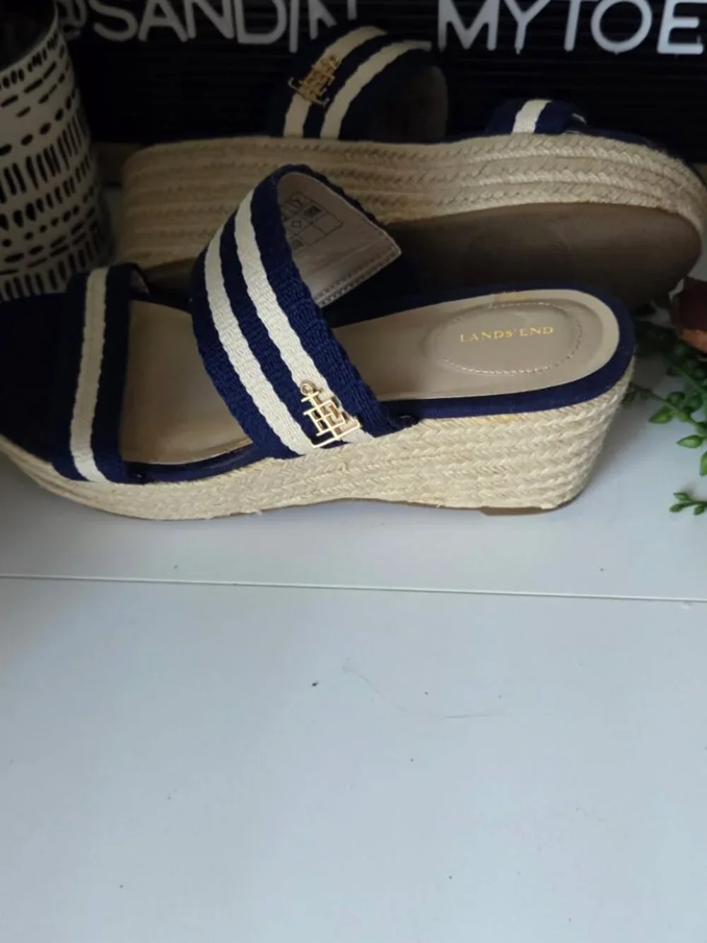 Lands End Navy/White Espadrille Slide Jute 2 Strap Wedge Sandal SZ 8